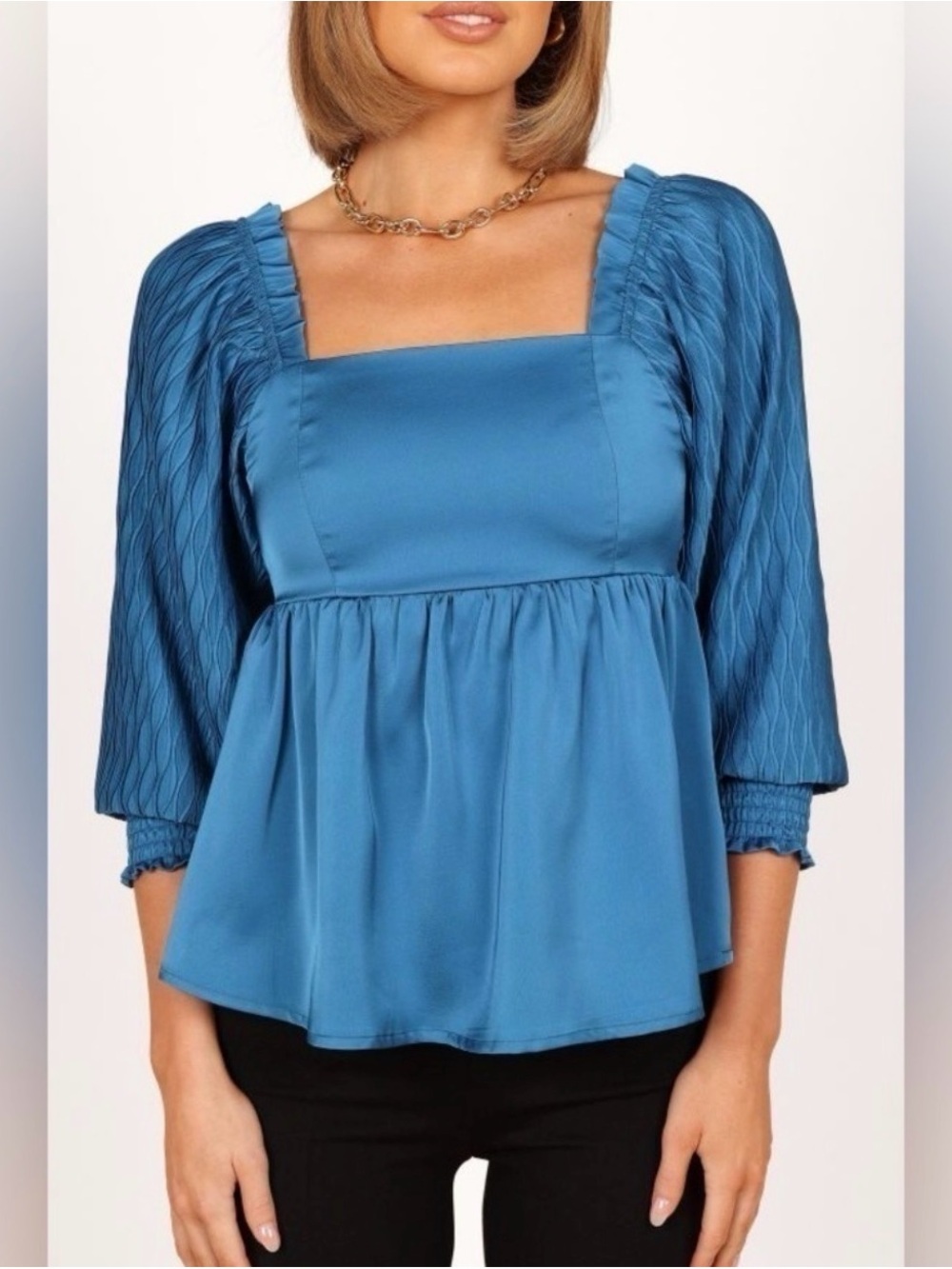 Petal & Pup Montana Satin Blue Babydoll Long Sleeve Blouse